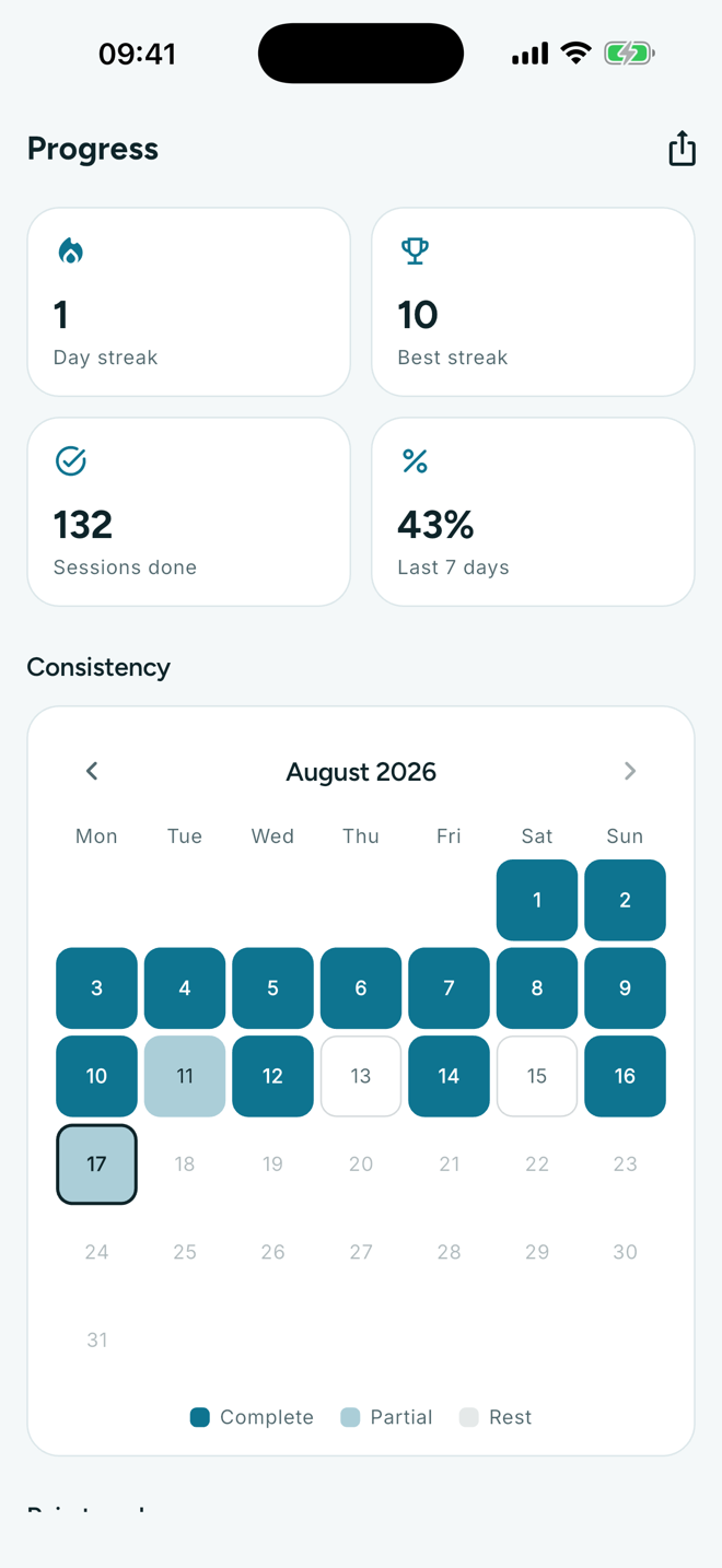 Progress calendar and statistics